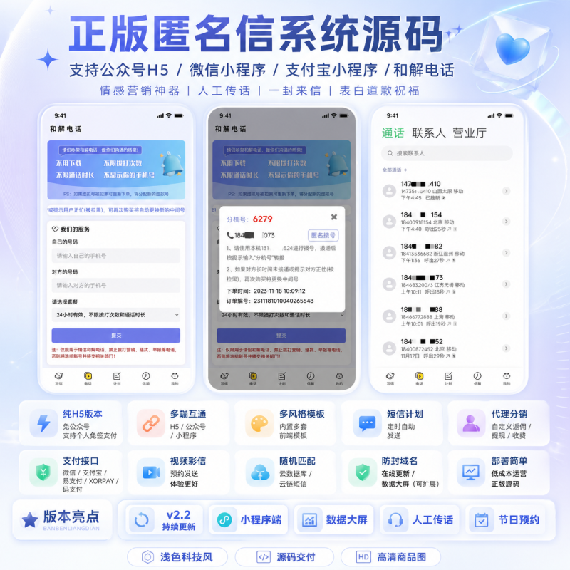 2026正版匿名信系统源码|支持公众号H5,微信支付宝小程序+和解电话+多风格模板|情感营销神器,人工传话,一封来信,表白道歉祝福-济南壹软网络科技