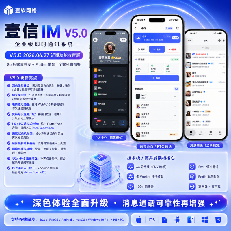 【自研】壹信Go高并发IM即时通讯源码|仿TG聊天客服系统通话红包VIP|离线推送保上TF-济南壹软网络科技