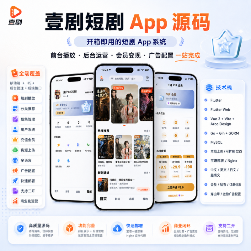 壹剧V2.0多语言短剧系统源码AI小说漫剧穿山甲广告联盟H5/小程序/APP商城分销代理-济南壹软网络科技